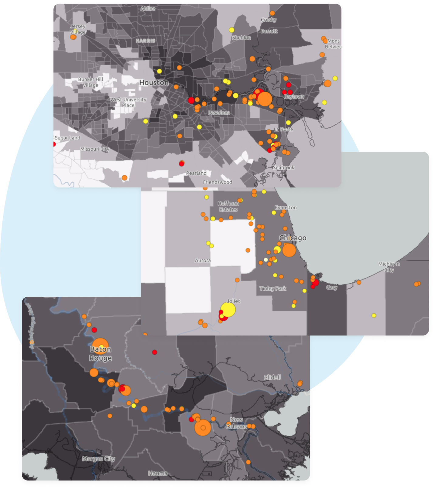 Images of EDF's Chemical Exposure action map showing Houston, Chicago, Baton Rouge and the surrounding areas.